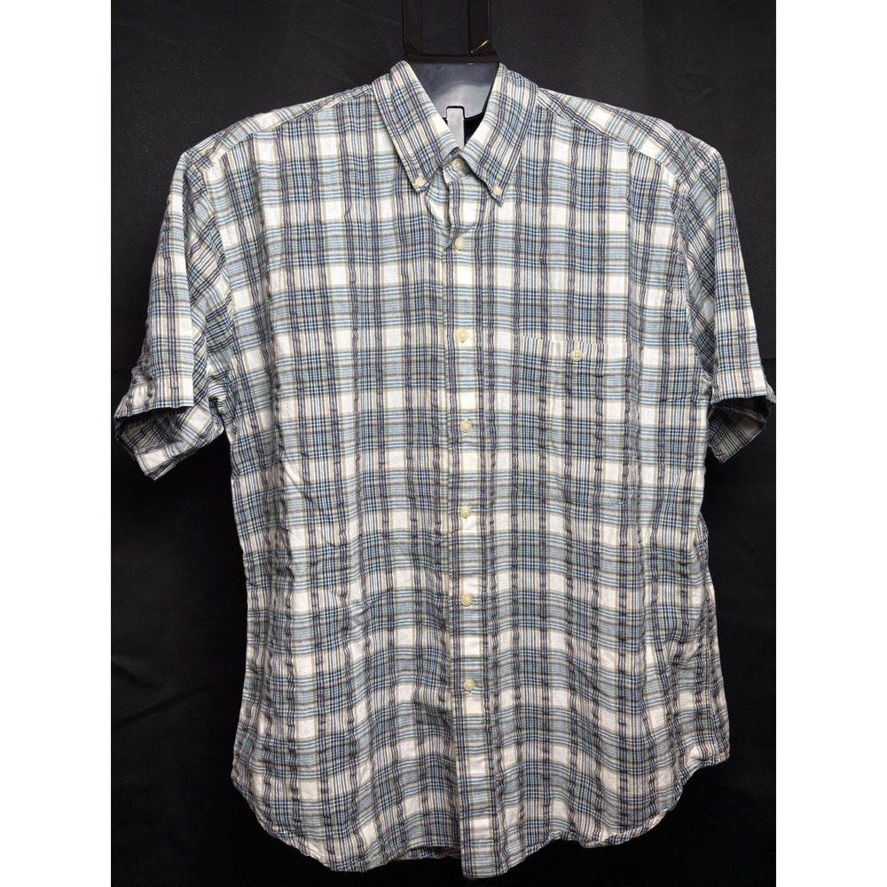 R&R Casuals Men's Blue‎ And Tan Plaid Short Sleeve Button Down Shirt Size Large